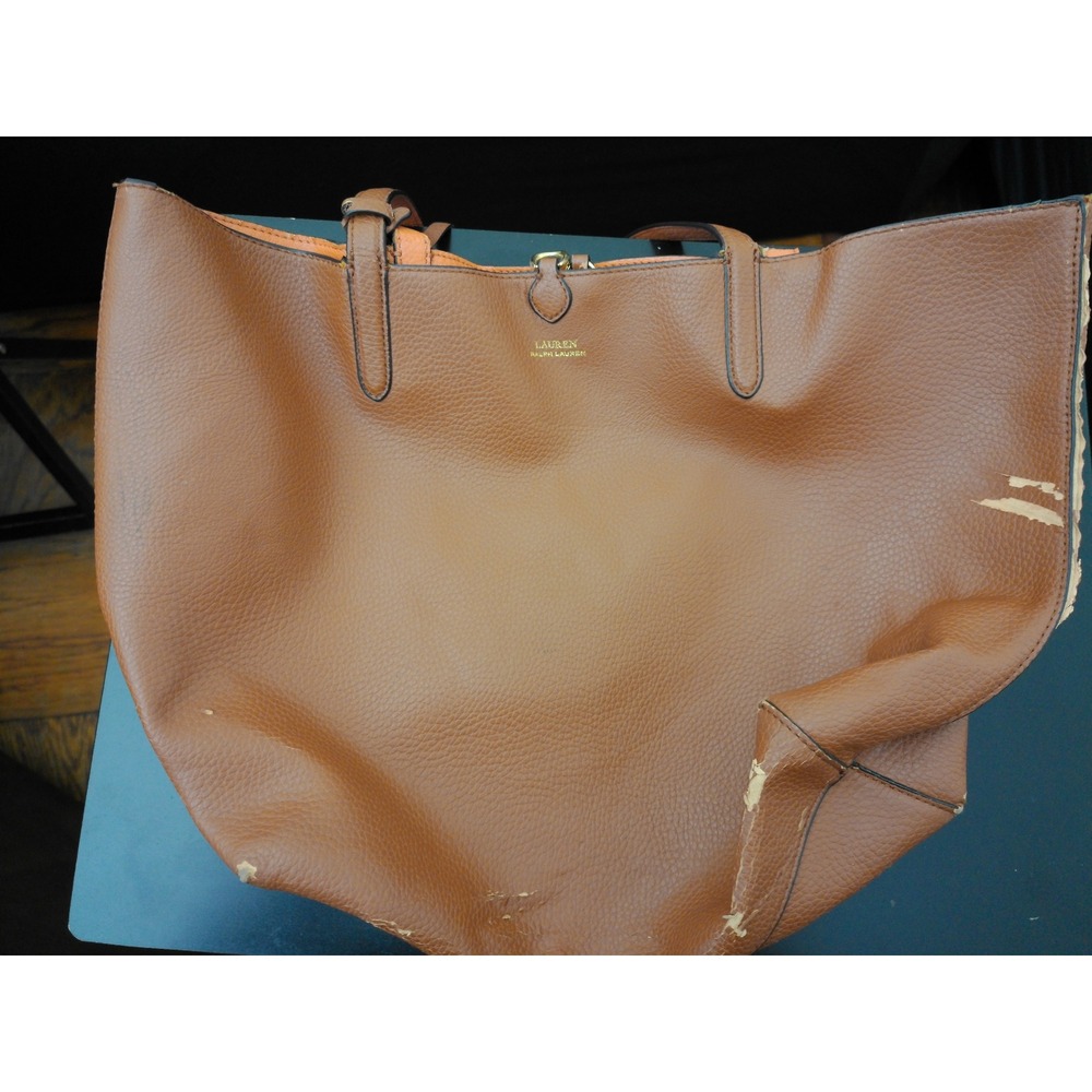 Lauren Ralph Lauren Tote Bag Womens Large Brown Orange Pebbled Restoration Bag!